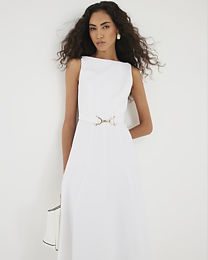 White Boat Neck Sleeveless Belted Midi Dress