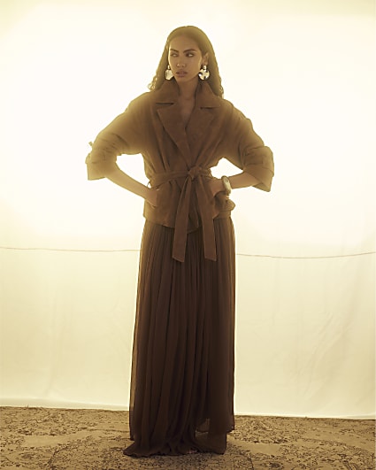 Brown Suede Cropped Trench Coat