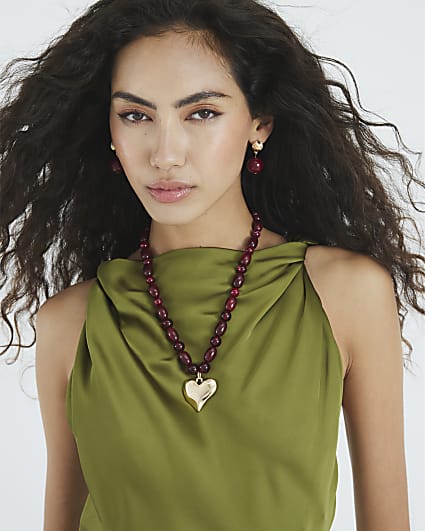 Red Beaded Heart Pendant Necklace