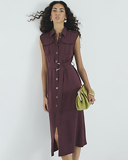 Purple Premium Midi Utility Shirt Dress