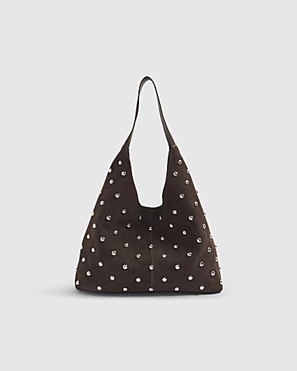 Brown Suede Studded Slouch Shoulder Bag