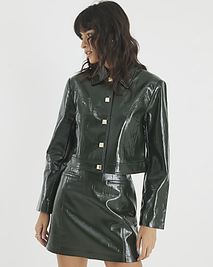 Green Faux Leather Croc Texture Mini Skirt