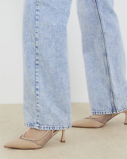 Beige Slingback Embellished Mesh Court Heels