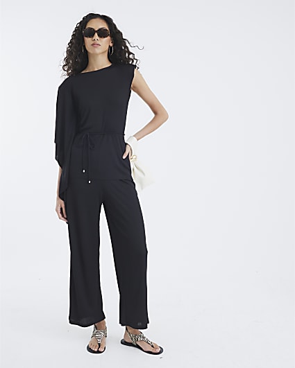 Black Ribbed Wide Leg Trousers