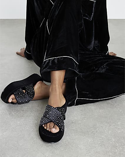 Black Velvet Diamante Platform Slippers