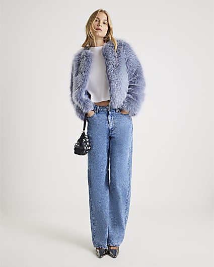 Blue Collarless Faux Fur Coat