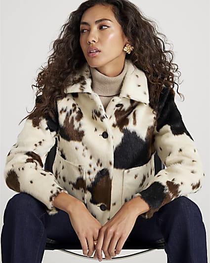 Cream Faux Fur Cow Print Jacket