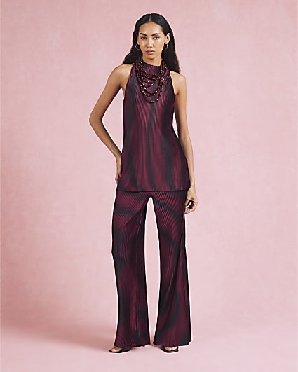 Red Plisse Sleeveless Halter Neck Top