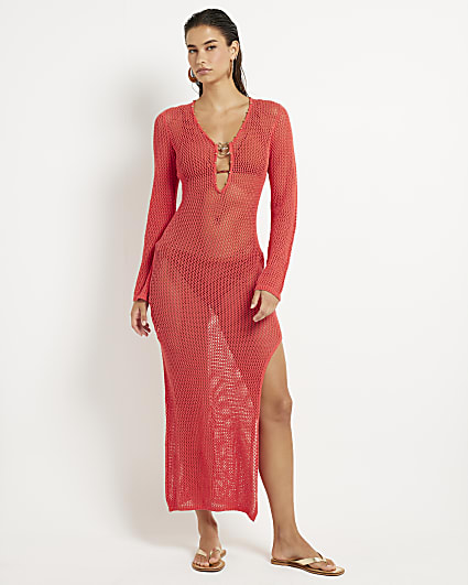 Red Knit Maxi Beach Dress