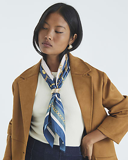 Blue Satin Chain Print Scarf With Ring