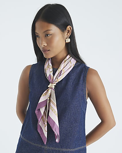 Pink Satin Chain Print Scarf With Ring