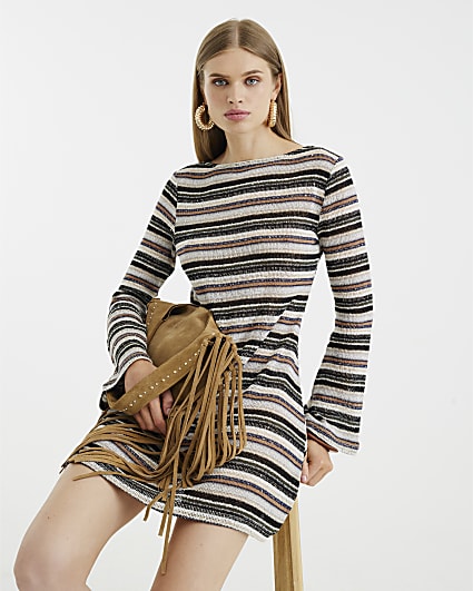 Beige Long Sleeve Stripe Mini Dress