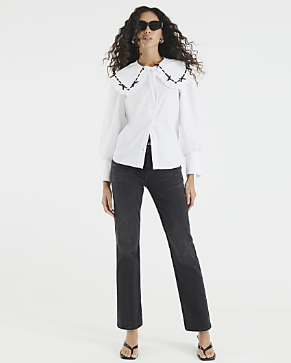 White Collared Bow Trim Poplin Shirt