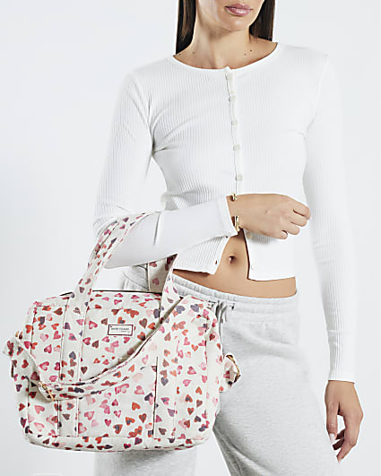 Cream Canvas Heart Print Holdall bag
