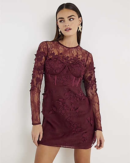 Red Lace Long Sleeve Embellished Mini Dress