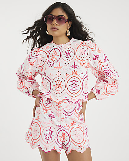 White Long Sleeve Cutwork Detail Blouse