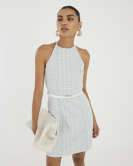 Blue Sleeveless Boucle Belted Mini Dress