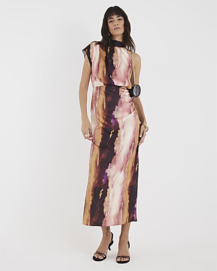Pink Satin Printed High Neck Midi Dress