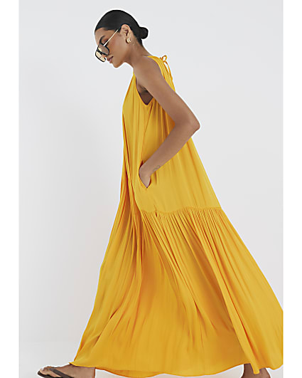 Orange Pleated Maxi Dress
