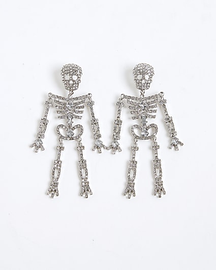Silver diamante skeleton earrings