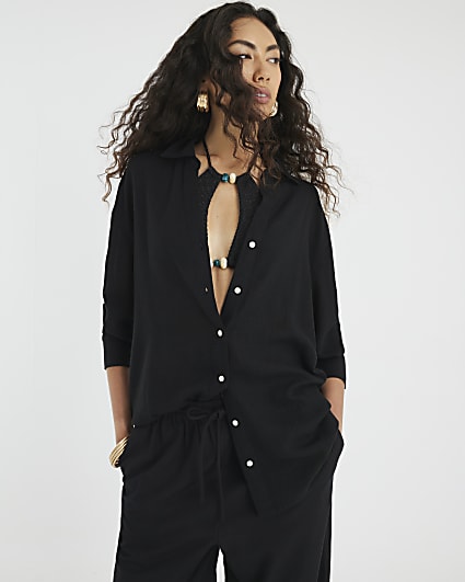 Black Linen Blend Belted Longline Shirt