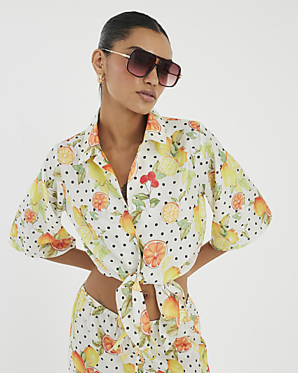 White Fruit Polka Dot Print Beach Shirt