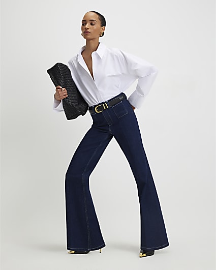 Blue High Rise Relaxed Flare Jeans