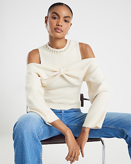 Cream Knitted Cut Out Shoulder Bow Top