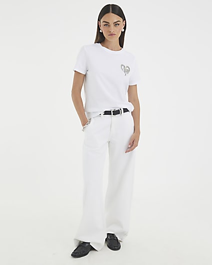 White Short Sleeve Snake Detail T-shirt