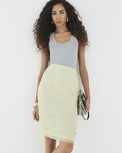 Yellow Organza Embellished Pencil Skirt