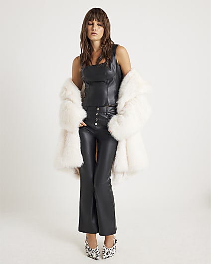 Black Faux Leather Button Flared Trousers