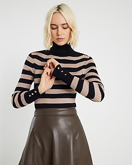 Brown Knitted Stripe Ribbed Roll Neck Top