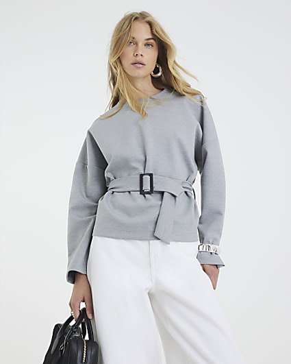 Grey Long Sleeve Belted Sweatshirt