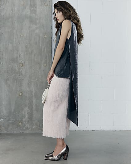 RI Studio Pink Maxi Fringe pencil Skirt