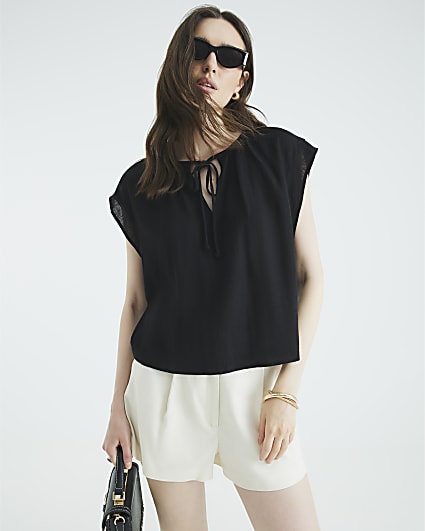 Black Linen Blend Short Sleeve Tie Front Top