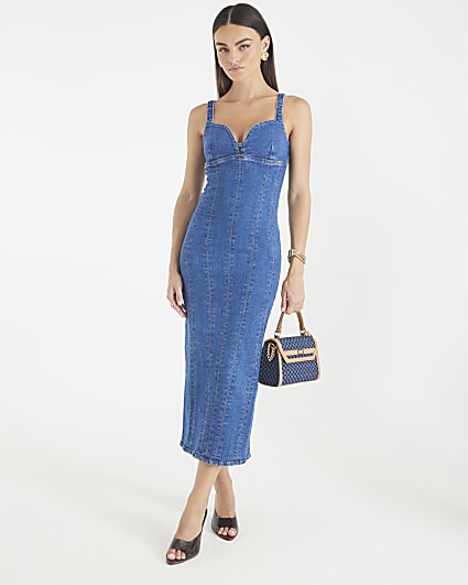Blue Denim Plunge Neckline Bodycon Maxi Dress
