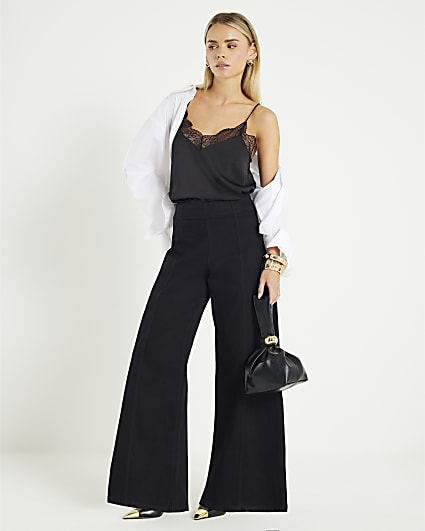 Petite Black Pull On Wide Leg Jeans