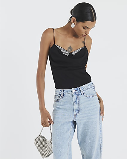 Black Sleeveless Cowl Neck Diamante Cami Top