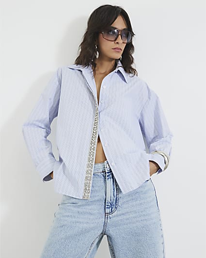 Blue Diamante Trim Stripe Shirt