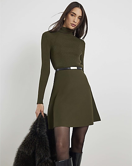 Green Knitted Belted Mini Dress
