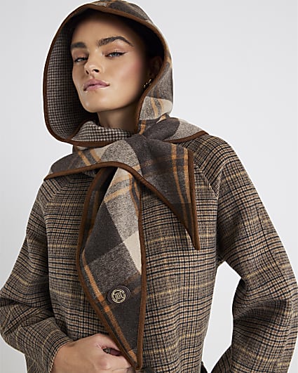 Brown Check Hooded Scarf