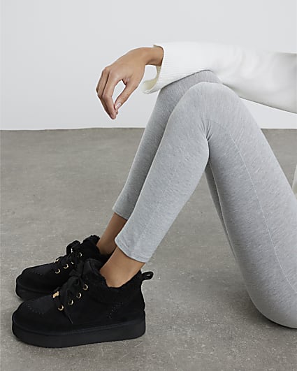 Black Faux Suede Lace Up Faux Fur Lined Boots
