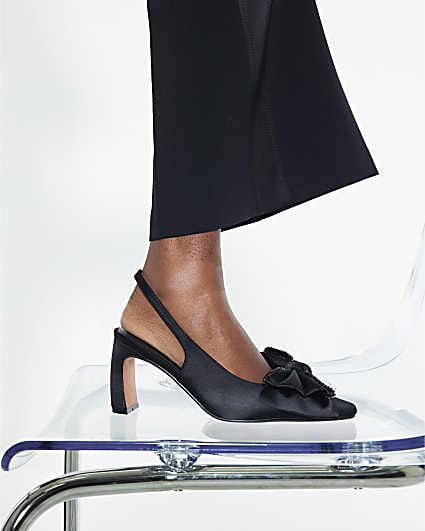 Black Satin Embellished Bow Slingback Heels