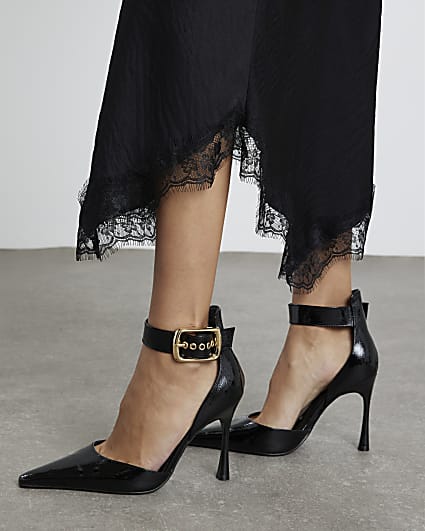 Black Buckle Ankle Strap Court Heels