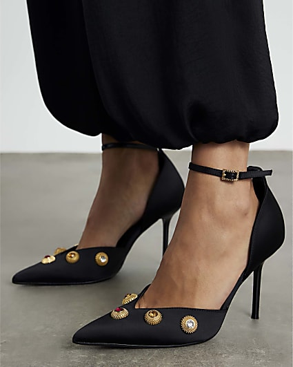 Black Jewel Heeled Court Shoes