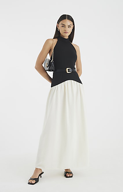 Black Sleeveless Belted Hybrid Midi Dress