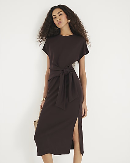 Brown Premium Short Sleeve Knot Midi Dress