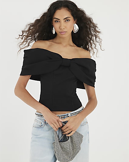 Black 3D Bow Bardot Top