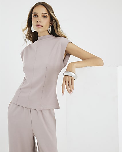 Beige Premium High Neck Short Sleeve Top