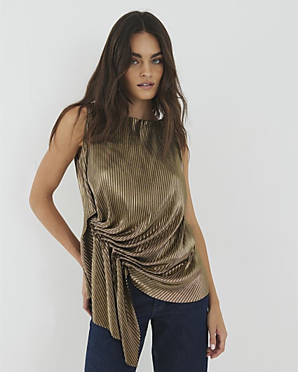 Gold Plisse Drape Detail Top